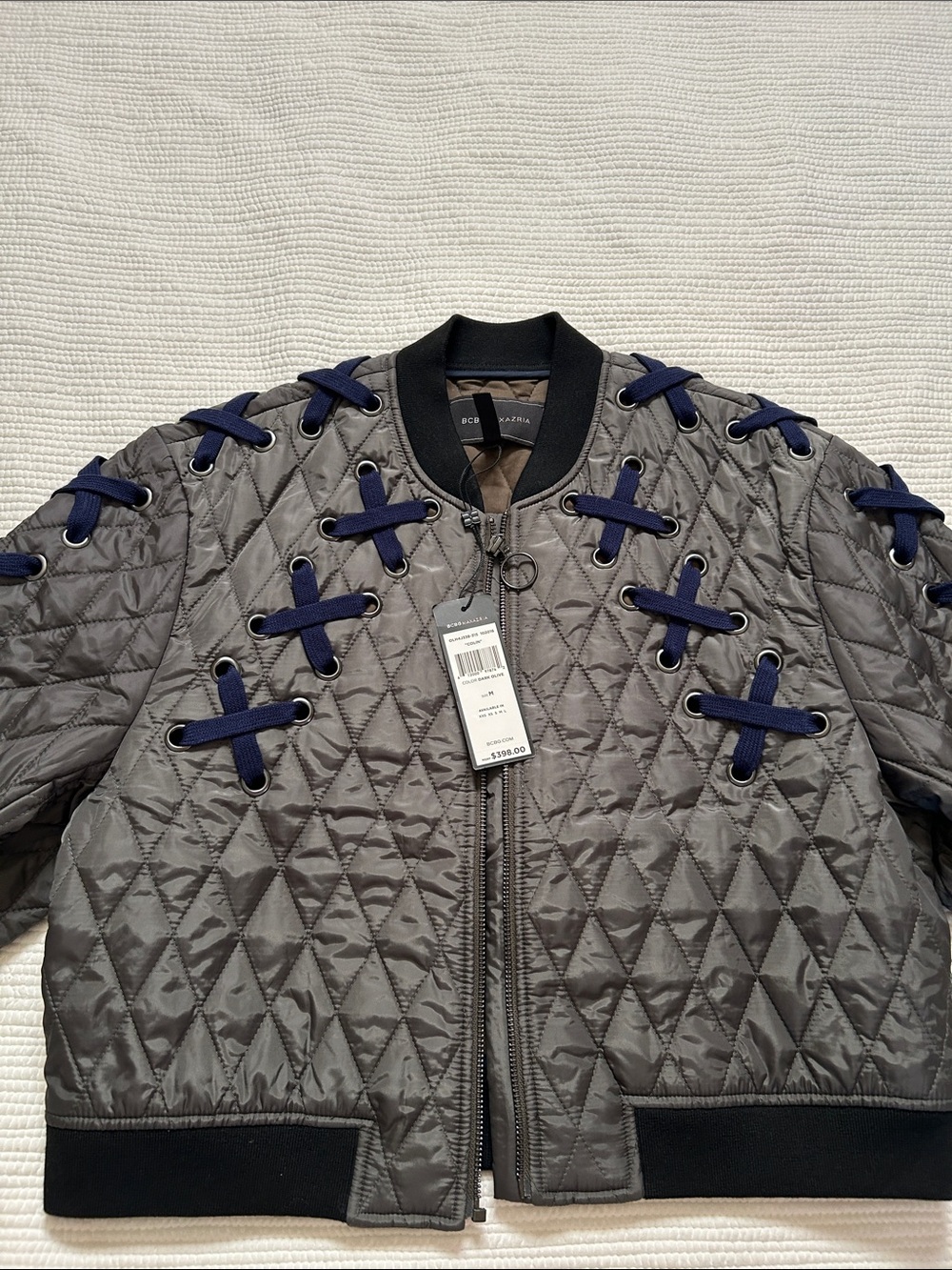 NWT. BCBG Quilted Bomber Jacket (Colin) with Navy Lace-Up Accents